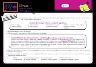 Fórmula 4                                                                                      2º ciclo                           Fórmula metodológica


                             Crecer entre pantallas

                             Prensa.es
                                                      
                             	   Y por otro, haremos un análisis de cada una de las noticias teniendo en cuenta las siguientes variables. Podéis analizar las cuatro variables en
                                  cada uno de los grupos o elegir por grupo.


                                                   Variable 1: Terminología utilizada para definir el problema:
            Violencia de género                  Violencia doméstica                 Violencia contra la mujer             Violencia masculina contra las mujeres
            Violencia conyugal                   Violencia sexista                   Terrorismo machista                   Disputas conyugales
                                                                                                                              Otras ...

 	   ¿Cuál pensáis que es el término más adecuado?
 	   Realizad un debate en clase defendiendo el término seleccionado por cada grupo



            Variable 2: La tentación del sensacionalismo y los Mitos y Estereotipos que reproducen la noticia:
            En algunos casos todavía se recurre a titulares como –“Le asestó 25 puñaladas”, “A sartenazos”, “la mató por feminista”–, para llamar la atención de lec-
            toras/es. Con propuestas de este tipo, además de entrar en el esquema de las noticias de sucesos con el riesgo de trivialización que ello supone, se
            reproducen los mitos sobre las causas reales esta violencia. Por ejemplo, utilizar adjetivos como “celoso” o “bebedor” para definir al agresor nos acercan
            a la exculpación, o decir de la víctima, por ejemplo, que “era joven y guapa”,”salía con amigas” o “tenía un amante” desvían el foco de lo verdaderamente
            importante y nos acerca también a la disculpa o la comprensión del maltratador.


 	   Buscad en las noticias del mural datos o comentarios que aunque en apariencia sean inofensivos tergiversan la información, perpetuando los mitos e ideas erróneas sobre
      la violencia hacia las mujeres.
 	   Como sabemos, la causa real de este tipo de violencia es el sexismo interiorizado del agresor, pero esto no suele aparecer nunca en las noticias. Identificar los siguientes
      mitos sobre las causas en las noticias:

                Celos                   Adicción a Drogas (alcohol)       Locura/alucinaciones                    Problemas laborables
                Crimen pasional         Discusión de la pareja            Pérdida de control de impulsos          Haber sufrido violencia en la infancia

36
 