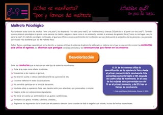 ¿Cómo se manifiesta?                                                                                          ¿Sabías qué?
                                                                                                                                                      Un poco de teoría…
                             Tipos y formas del maltrato
                                                                                                       
Maltrato Psicológico
Aquí entrarían actos como los insultos ("eres una puta"), los desprecios ("no vales para nada"), las humillaciones y chanzas ("¿Quién te va a querer con esa cara?”). También
supone violencia psicológica el ignorar a una persona (no hablar a alguien o hacer como si no existiera) y también la amenaza de agresión física ("como no me hagas caso, te
parto la cara"). El maltrato psicológico continuado, al igual que el físico, provoca sentimientos de humillación, que van destruyendo la autoestima de las personas, y sus secuelas
son incluso más duraderas que las del maltrato físico.

Esther Ramos, psicóloga especializada en la atención a mujeres víctimas de violencia de género ha elaborado un sistema con el que se nos permite conocer las conductas
que utiliza el agresor, los objetivos que persigue con esas conductas y las consecuencias que tienen en las mujeres:



                                                                          Desvalorización
Entre las conductas que se incluyen en este tipo de violencia encontramos:
                                                                                                                               El 5% de los varones utiliza la
	   Tratar a la mujer como inferior o estúpida.
                                                                                                                       descalificación de la apariencia física desde
	   Desvalorizar a las mujeres en general.                                                                             el primer momento de la convivencia. Este
	   No tener en cuenta o criticar sistemáticamente las opiniones de ella.                                              porcentaje aumenta hasta el 15% después
                                                                                                                         de cuatro años de matrimonio. En el caso
	   Encontrar defectos en todas sus actuaciones.
                                                                                                                         de los mujeres estos porcentajes son del
	   No permitirle participar en la toma de decisiones.                                                                 1% en el primer momento, y del 5% tras un
	   Insultarla sobre su apariencia física para hacerla sentir poco atractiva o por provocadora o inmoral.
                                                                                                                                   tiempo de convivencia.
                                                                                                                                  1. Guía para Mujeres Maltratadas. Álvarez A. 2002.
	   Dirigirse a ella con sobrenombres degradantes.
	   No tomar en cuenta sus sentimientos ni sus gustos o preferencias.
	   Manejarla con gestos: miradas, cabeceos, chistidos...
	   Tergiversar los argumentos de tal modo que ella aparezca siempre como culpable de todo lo negativo que sucede, incluso de hechos imprevisibles.
                                                                                                                                                                                       7
 