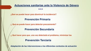 Actuaciones sanitarias ante la Violencia de Género
¿Qué se puede hacer para disminuir la incidencia?
Prevención Primaria
¿ Qué se puede hacer para detectar precozmente?
Prevención Secundaria
¿ Qué hacer para que, una vez detectado el problema, minimizar las
Prevención Terciaria
Adaptación de las intervenciones a los diferentes contextos de actuación
28,29,30
 