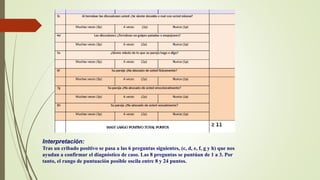 Interpretación:
Tras un cribado positivo se pasa a las 6 preguntas siguientes, (c, d, e, f, g y h) que nos
ayudan a confirmar el diagnóstico de caso. Las 8 preguntas se puntúan de 1 a 3. Por
tanto, el rango de puntuación posible oscila entre 8 y 24 puntos.
 