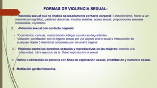1. - Violencia sexual que no implica necesariamente contacto corporal: Exhibicionismo, forzar a ver
material pornográfico, palabras obscenas, insultos sexistas, acoso sexual, proposiciones sexuales
indeseadas, voyerismo.
FORMAS DE VIOLENCIA SEXUAL:
2. -Violencia sexual con contacto corporal:
- Tocamientos, caricias, masturbación, obligar a posturas degradantes.
- Violación: penetración con el órgano sexual por vía vaginal anal o bucal o introducción de
cualquier objeto ó miembros corporales por vía anal ó vaginal
3. - Violencia contra los derechos sexuales y reproductivos de las mujeres: derecho a la
maternidad. Libre ejercicio de la Salud reproductiva ó sexual
4. -Tráfico o utilización de persona con fines de explotación sexual, prostitución y comercio sexual.
5. -Mutilación genital femenina.
 