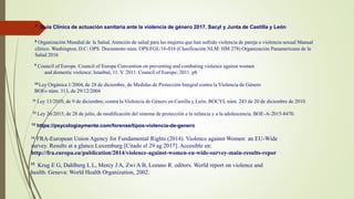 7 Guía Clínica de actuación sanitaria ante la violencia de género 2017. Sacyl y Junta de Castilla y León
9 Council of Europe. Council of Europe Convention on preventing and combating violence against women
and domestic violence: Istanbul, 11. V. 2011. Council of Europe; 2011. p8.
10 Ley Orgánica 1/2004, de 28 de diciembre, de Medidas de Protección Integral contra la Violencia de Género
BOE» núm. 313, de 29/12/2004
11 Ley 13/2010, de 9 de diciembre, contra la Violencia de Género en Castilla y León. BOCYL núm. 243 de 20 de diciembre de 2010.
12 Ley 26/2015, de 28 de julio, de modificación del sistema de protección a la infancia y a la adolescencia. BOE-A-2015-8470.
13 https://psycologiaymente.com/forense/tipos-violencia-de-genero
8 Organización Mundial de la Salud. Atención de salud para las mujeres que han sufrido violencia de pareja o violencia sexual Manual
clínico. Washington, D.C: OPS. Documento núm. OPS/FGL/16-016 (Clasificación NLM: HM 278) Organización Panamericana de la
Salud 2016
14 FRA-European Union Agency for Fundamental Rights (2014). Violence against Women: an EU-Wide
survey. Results at a glance.Luxemburg [Citado el 29 ag 2017]. Accesible en:
http://fra.europa.eu/publication/2014/violence-against-women-eu-wide-survey-main-results-repor
15 Krug E G, Dahlberg L L, Mercy J A, Zwi A B, Lozano R. editors. World report on violence and
health. Geneva: World Health Organization, 2002.
 