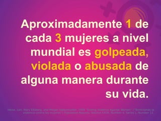 Aproximadamente   1   de cada   3   mujeres a nivel mundial es   golpeada ,  violada   o   abusada   de alguna manera durante su vida. Heise, Lori, Mary Ellsberg, and Megan Gottemoeller. 1999 “Ending Violence Against Women” (“Terminando la violencia contra las mujeres”)  Population Reports,  Volume XXVII, Number 4, Series L, Number 11. 