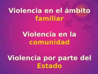 Violencia en el ámbito   familiar Violencia en la   comunidad Violencia por parte del   Estado 
