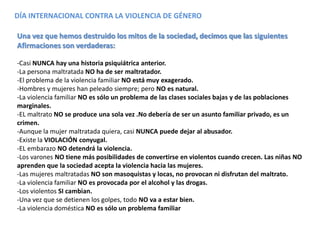 DÍA INTERNACIONAL CONTRA LA VIOLENCIA DE GÉNERO
Una vez que hemos destruido los mitos de la sociedad, decimos que las siguientes
Afirmaciones son verdaderas:
-Casi NUNCA hay una historia psiquiátrica anterior.
-La persona maltratada NO ha de ser maltratador.
-El problema de la violencia familiar NO está muy exagerado.
-Hombres y mujeres han peleado siempre; pero NO es natural.
-La violencia familiar NO es sólo un problema de las clases sociales bajas y de las poblaciones
marginales.
-EL maltrato NO se produce una sola vez .No debería de ser un asunto familiar privado, es un
crimen.
-Aunque la mujer maltratada quiera, casi NUNCA puede dejar al abusador.
-Existe la VIOLACIÓN conyugal.
-EL embarazo NO detendrá la violencia.
-Los varones NO tiene más posibilidades de convertirse en violentos cuando crecen. Las niñas NO
aprenden que la sociedad acepta la violencia hacia las mujeres.
-Las mujeres maltratadas NO son masoquistas y locas, no provocan ni disfrutan del maltrato.
-La violencia familiar NO es provocada por el alcohol y las drogas.
-Los violentos SI cambian.
-Una vez que se detienen los golpes, todo NO va a estar bien.
-La violencia doméstica NO es sólo un problema familiar
 