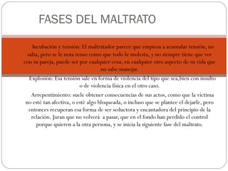 FASES DEL MALTRATO
    Incubación y tensión: El maltratador parece que empieza a acumular tensión, no
  salta, pero se le nota tenso como que todo le molesta, y no siempre tiene que ver
con su pareja, puede ser por cualquier cosa, en cualquier otro aspecto de su vida que
                                     no sabe manejar.
   Explosión: Esa tensión sale en forma de violencia del tipo que sea,bien con insulto
                           o de violencia física en el otro caso.
    Arrepentimiento: suele obtener consecuencias de sus actos, como que la víctima
 no esté tan afectiva, o esté algo bloqueada, o incluso que se plantee el dejarle, pero
   entonces recuperan esa forma de ser seductora y encantadora del principio de la
    relación. Juran que no volverá a pasar, que en el fondo han perdido el control
      porque quieren a la otra persona, y se inicia la siguiente fase del maltrato.
 