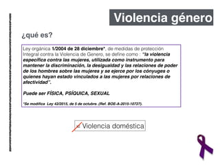 Violencia género
¿qué es?
Ley orgánica 1/2004 de 28 diciembre*, de medidas de protección
Integral contra la Violencia de Genero, se deﬁne como : “la violencia
especíﬁca contra las mujeres, utilizada como instrumento para
mantener la discriminación, la desigualdad y las relaciones de poder
de los hombres sobre las mujeres y se ejerce por los cónyuges o
quienes hayan estado vinculados a las mujeres por relaciones de
afectividad”.!
!
Puede ser FÍSICA, PSÍQUICA, SEXUAL!
!
*Se modiﬁca Ley 42/2015, de 5 de octubre. (Ref. BOE-A-2015-10727).
= Violencia doméstica
 