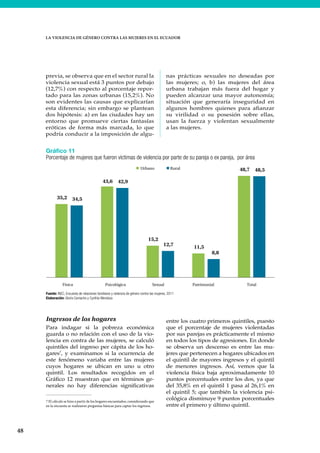 48
LA VIOLENCIA DE GÉNERO CONTRA LAS MUJERES EN EL ECUADOR
previa, se observa que en el sector rural la
violencia sexual está 3 puntos por debajo
(12,7%) con respecto al porcentaje repor-
tado para las zonas urbanas (15,2%). No
son evidentes las causas que explicarían
esta diferencia; sin embargo se plantean
dos hipótesis: a) en las ciudades hay un
entorno que promueve ciertas fantasías
eróticas de forma más marcada, lo que
podría conducir a la imposición de algu-
nas prácticas sexuales no deseadas por
las mujeres; o, b) las mujeres del área
urbana trabajan más fuera del hogar y
pueden alcanzar una mayor autonomía;
situación que generaría inseguridad en
algunos hombres quienes para afianzar
su virilidad o su posesión sobre ellas,
usan la fuerza y violentan sexualmente
a las mujeres.
Gráfico 11
Porcentaje de mujeres que fueron víctimas de violencia por parte de su pareja o ex pareja, por área
Fuente: INEC, Encuesta de relaciones familiares y violencia de género contra las mujeres, 2011
Elaboración: Gloria Camacho y Cynthia Mendoza
Urbano Rural
35,2
43,6
15,2
11,5
48,7
34,5
42,9
12,7
8,8
48,5
Física Psicológica Sexual Patrimonial Total
Ingresos de los hogares
Para indagar si la pobreza económica
guarda o no relación con el uso de la vio-
lencia en contra de las mujeres, se calculó
quintiles del ingreso per cápita de los ho-
gares7
, y examinamos si la ocurrencia de
este fenómeno variaba entre las mujeres
cuyos hogares se ubican en uno u otro
quintil. Los resultados recogidos en el
Gráfico 12 muestran que en términos ge-
nerales no hay diferencias significativas
7 El cálculo se hizo a partir de los hogares encuestados, considerando que
en la encuesta se realizaron preguntas básicas para captar los ingresos.
entre los cuatro primeros quintiles, puesto
que el porcentaje de mujeres violentadas
por sus parejas es prácticamente el mismo
en todos los tipos de agresiones. En donde
se observa un descenso es entre las mu-
jeres que pertenecen a hogares ubicados en
el quintil de mayores ingresos y el quintil
de menores ingresos. Así, vemos que la
violencia física baja aproximadamente 10
puntos porcentuales entre los dos, ya que
del 35,8% en el quintil 1 pasa al 26,1% en
el quintil 5; que también la violencia psi-
cológica disminuye 9 puntos porcentuales
entre el primero y último quintil.
 