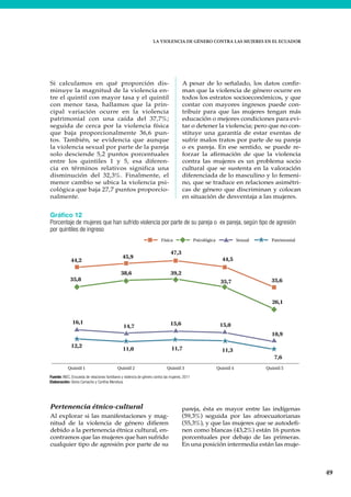 LA VIOLENCIA DE GÉNERO CONTRA LAS MUJERES EN EL ECUADOR
49
Si calculamos en qué proporción dis-
minuye la magnitud de la violencia en-
tre el quintil con mayor tasa y el quintil
con menor tasa, hallamos que la prin-
cipal variación ocurre en la violencia
patrimonial con una caída del 37,7%;
seguida de cerca por la violencia física
que baja proporcionalmente 36,6 pun-
tos. También, se evidencia que aunque
la violencia sexual por parte de la pareja
solo desciende 5,2 puntos porcentuales
entre los quintiles 1 y 5, esa diferen-
cia en términos relativos significa una
disminución del 32,3%. Finalmente, el
menor cambio se ubica la violencia psi-
cológica que baja 27,7 puntos proporcio-
nalmente.
A pesar de lo señalado, los datos confir-
man que la violencia de género ocurre en
todos los estratos socioeconómicos, y que
contar con mayores ingresos puede con-
tribuir para que las mujeres tengan más
educación o mejores condiciones para evi-
tar o detener la violencia; pero que no con-
stituye una garantía de estar exentas de
sufrir malos tratos por parte de su pareja
o ex pareja. En ese sentido, se puede re-
forzar la afirmación de que la violencia
contra las mujeres es un problema socio
cultural que se sustenta en la valoración
diferenciada de lo masculino y lo femeni-
no, que se traduce en relaciones asimétri-
cas de género que discriminan y colocan
en situación de desventaja a las mujeres.
Gráfico 12
Porcentaje de mujeres que han sufrido violencia por parte de su pareja o ex pareja, según tipo de agresión
por quintiles de ingreso
Fuente: INEC, Encuesta de relaciones familiares y violencia de género contra las mujeres, 2011
Elaboración: Gloria Camacho y Cynthia Mendoza
35,8
38,6 39,2
35,7
26,1
44,2
45,9
47,3
44,5
35,6
16,1
14,7 15,6 15,0
10,9
12,2
11,0 11,7 11,3
7,6
Quintil 1 Quintil 2 Quintil 3 Quintil 4 Quintil 5
Física Psicológica Sexual Patrimonial
Pertenencia étnico-cultural
Al explorar si las manifestaciones y mag-
nitud de la violencia de género difieren
debido a la pertenencia étnica cultural, en-
contramos que las mujeres que han sufrido
cualquier tipo de agresión por parte de su
pareja, ésta es mayor entre las indígenas
(59,3%) seguida por las afroecuatorianas
(55,3%), y que las mujeres que se autodefi-
nen como blancas (43,2%) están 16 puntos
porcentuales por debajo de las primeras.
En una posición intermedia están las muje-
 