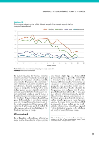 LA VIOLENCIA DE GÉNERO CONTRA LAS MUJERES EN EL ECUADOR
53
La menor incidencia de violencia entre las
mujeres con mayor escolaridad indicaría que
alcanzar un mejor nivel educativo posibilita
el desarrollo de procesos de autonomía y
empoderamiento femenino, condiciones que
contribuirían a disuadir las actitudes agresi-
vas de su pareja. Por otro lado, vale la pena
indicar que en una investigación anterior se
constató que también los hombres con ma-
yor escolaridad tendían a recurrir menos a
la violencia como mecanismo para resolver
los conflictos de pareja (Camacho, 2003). A
pesar de lo anotado, es importante recalcar
que esto no significa que las mujeres con al-
tos niveles educativos estén exentas de sufrir
violencia de género, ya que 1 de cada 3 de
ellas reportan haber vivido algún tipo de vio-
lencia por parte de su pareja.
Discapacidad
En el Ecuador, en los últimos años se ha
dado mucha importancia a las personas
que tienen algún tipo de discapacidad
permanente8
, por lo que se ha comenzado
a considerar esta variable al abordar dis-
tintos problemas sociales. Con ese fin, las
encuestas y censos oficiales han incluido
preguntas que permitan contar con es-
tadísticas sobre la particular situación de
las personas con cualquier tipo de disca-
pacidad intelectual o física. En el tema que
nos interesa, esta inclusión nos ha permit-
ido determinar que, en su conjunto, la vio-
lencia de género ejercida por la pareja mas-
culina actual o previa, se eleva 3 puntos
cuando la mujer tiene una discapacidad
permanente; lo que indica que su condi-
ción las coloca en una situación de especial
vulnerabilidad, o les resta poder a la hora
de resolver los conflictos de pareja.
8 Se considera discapacidad permanente a aquella que afecta a la persona
durante 1 o más años. Los tipos de capacidad son: retardo o retraso
mental, física motora, mental psiquiátrica y sordera.
Gráfico 16
Porcentaje de mujeres que han sufrido violencia por parte de su pareja o ex pareja por tipo
de agresión y escolaridad
Fuente: INEC, Encuesta de relaciones familiares y violencia de género contra las mujeres, 2011
Elaboración: Gloria Camacho y Cynthia Mendoza
0
0,1
0,2
0,3
0,4
0,5
0,6
0,7
0 2 4 6 8 10 12 14 16 18 20 22
Años de estudio
FísicaPsicológica Sexual Patrimonial
 