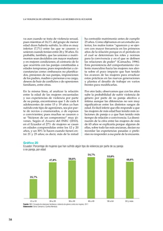 58
LA VIOLENCIA DE GÉNERO CONTRA LAS MUJERES EN EL ECUADOR
va aun cuando se trata de violencia sexual,
pues mientras el 16,1% del grupo de menor
edad dicen haberla sufrido, la cifra es muy
inferior (7,7%) entre las que se casaron o
unieron cuando tenían entre 26 y 30 años. Es
probable, también, que las uniones o matri-
monios sean decididos con mayor madurez
y en mejores condiciones; al contrario de lo
que ocurriría con las parejas constituidas a
edades tempranas; pues responderían a cir-
cunstancias como: embarazos no planifica-
dos, presiones de sus parejas, imposiciones
de los padres, madres o personas a su cargo,
deseos de huir de conflictos o de opresiones
familiares, entre otras.
En la misma línea, al analizar la relación
entre la edad de las mujeres encuestadas
y sus experiencias de violencia por parte
de su pareja, encontramos que 1 de cada 4
adolescentes de entre 15 y 19 años ya han
sufrido este tipo de agresiones, sea por par-
te de novios o enamorados, o de esposos
o convivientes; pues muchas se casaron o
se “hicieron de un compromiso” muy jó-
venes. Según el Anuario del INEC (2010),
en el Ecuador el 27% de mujeres se casan
en edades comprendidas entre los 12 y 20
años, y un 30% lo hacen cuando tienen en-
tre 21 y 25 años; es decir, más de la mitad
ha contraído matrimonio antes de cumplir
25 años. Como dijéramos en un estudio an-
terior, los malos tratos “aparecen y se ejer-
cen con mayor frecuencia en los primeros
años de la relación porque es el período en
el cual se determinan los roles y normas
para la convivencia y en el que se definen
las relaciones de poder” (Camacho, 1996).
Esta persistencia del comportamiento vio-
lento masculino hacia las mujeres nos aler-
ta sobre el poco impacto que han tenido
los avances de las mujeres para erradicar
estas prácticas en las nuevas generaciones
y plantea el desafío de trabajar en varios
frentes para modificarlas.
Por otro lado, observamos que con los años
sube la probabilidad de sufrir violencia de
género por parte de su pareja afectiva o
íntima aunque las diferencias no son muy
significativas entre los distintos rangos de
edad. Es fácil inferir que ello responde a que
las mujeres de más edad han tenido más re-
laciones de pareja o a que han tenido más
tiempo de relación o convivencia. La dismi-
nución de la cifra entre las mujeres de más
de 65 años se explicaría porque algunas de
ellas, sobre todo las más ancianas, decían no
recordar las experiencias pasadas o prefe-
rían no responder a esa parte de la encuesta.
Gráfico 20
Ecuador: Porcentaje de mujeres que han sufrido algún tipo de violencia por parte de su pareja
o ex pareja, por edad
Fuente: INEC, Encuesta de relaciones familiares y violencia de género contra las mujeres, 2011
Elaboración: Gloria Camacho y Cynthia Mendoza
25,7%
47,8% 50,6%
54,7%
53,0%
48,6%
15 a 19 20 a 29 30 a 39 40 a 49 50 a 64 65 y más
 