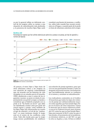 60
LA VIOLENCIA DE GÉNERO CONTRA LAS MUJERES EN EL ECUADOR
Al parecer, el tener hijos e hijas fruto de
otras relaciones coloca a las mujeres en
una situación de especial vulnerabilidad
que, de acuerdo con las historias de vida
recogidas en un estudio previo (Camacho,
1996), obedecería a una o varias de las si-
guientes razones: se pone en duda el com-
portamiento sexual de la mujer; se tiende a
considerar que al haberla aceptado con su
prole se le “ha hecho un favor” que debe
ser distribuido; existen celos por parte del
actual esposo o pareja, como también de
los hijos/hijas; hay desacuerdos en cuanto
al tipo de relación y al rol de los “padras-
tros”; se crean tensiones donde la mujer
está en el centro de los conflictos, entre
otras. Todo ello incide para que la mujer
tenga menos posibilidades de establecer
una relación de pareja equitativa, para que
viva en una permanente tensión y sufra un
desgaste emocional enorme; circunstancias
que inevitablemente afectan su confianza
en sí misma y acentúan su subordinación.
Los indicadores contenidos en el Gráfico
23 muestran que todos los tipos de violen-
cia de pareja son substancialmente mayo-
res entre aquellas que han tenido hijos/hi-
jas en el marco de otras relaciones. Llama
la atención que la mayor diferencia relati-
va sea en la violencia sexual, pues al pasar
del 13% entre las que no han tenido hijos/
hijas previamente al 28,2% entre las que sí
han tenido, el incremento de la incidencia,
en términos relativos, es del 54% ya que
la cifra se duplica y más. Si bien es difícil
as por lo general refleja un deficiente con-
trol de las mujeres sobre su cuerpo o una
situación de subordinación más profunda;
y, la presencia de muchos hijos/hijas suele
constituir una fuente de tensiones y conflic-
tos, sobre todo cuando hay escasez econó-
mica en el hogar, o cuando parte de la prole
es fruto de relaciones anteriores de la mujer.
Gráfico 22
Porcentaje de mujeres que han sufrido violencia por parte de su pareja o ex pareja, por tipo de agresión y
número de hijos/as
Fuente: INEC, Encuesta de relaciones familiares y violencia de género contra las mujeres, 2011
Elaboración: Gloria Camacho y Cynthia Mendoza
0
0,1
0,2
0,3
0,4
0,5
0,6
0 1 2 3 4 5 6 o más
Física Psicológica Sexual Patrimonial
 