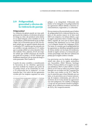 LA VIOLENCIA DE GÉNERO CONTRA LAS MUJERES EN EL ECUADOR
63
2.9 Peligrosidad,
gravedad y efectos de
la violencia de pareja
Peligrosidad
La violencia de género puede ser muy peli-
grosa para las mujeres, en términos de poner
en riesgo su vida o de producir serios daños
en su salud integral, como también en la de
sus familiares, particularmente la de sus hijas
e hijos.Así, se encuentra que un 5,8% de mu-
jeres señala que su agresor intentó ahorcarla
o asfixiarla, 2,7% reporta que fue atacada con
un cuchillo o navaja; mientras el 1,1% indica
que su pareja utilizó un arma durante el he-
cho violento. Pero, además, el 5,3% de muje-
res señala que recibió amenazas de muerte
por parte de su pareja, y el 3,4% declara que
recibieron amenazas con un arma de fuego o
corto punzante. (Ver Cuadro 1)
A partir de estas variables y considerando
la frecuencia de las distintas agresiones
que han recibido las mujeres por parte de
su pareja actual, se ha construido un índi-
ce de peligrosidad de la violencia10
, el cual
muestra que 1 de cada 4 de las agresiones
vividas por las mujeres suponen un serio
10 La fórmula del Índice de peligrosidad es: VioFiEmp1 * 1 + VioFiGolp1
* 2 + VioFiAho1 * 4 + VioFiAgr1 * 5 + VioFiDis1 * 5 + VioFiPat1 *
3 + EmpHaOc1 * 5 + GolHaOc1 * 5 + AhoHaOc1 * 5 + AgrHaOc1 *
5 + DisHaOc1 * 5 + PatHaOc1 * 5 + EmpHaOc2 * 4 + GolHaOc2 * 4
+ AhoHaOc2 * 4 + AgrHaOc2 * 4 + DisHaOc2 * 4 + PatHaOc2 * 4 +
EmpHaOc3 * 3 + GolHaOc3 * 3 + AhoHaOc3 * 3 + AgrHaOc3 * 3 +
DisHaOc3 * 3 + PatHaOc3 * 3 + EmpHaOc4 * 2 + GolHaOc4 * 2 +
AhoHaOc4 * 2 + AgrHaOc4 * 2 + DisHaOc4 * 2 + PatHaOc4 * 2.
peligro a su integridad. Utilizando este
índice se ha indagado si la peligrosidad de
las agresiones difiere debido a factores so-
cioeconómicos, regionales y/o culturales.
Deesamanerasehaencontradoqueelíndice
de peligrosidad de la violencia hacia las mu-
jeres es dos puntos mayor en el área rural
(28,7) con respecto a la urbana (26,6); y, que
la región amazónica tiene el índice más alto
(28,6), seguido de cerca por la Sierra (28,1);
mientras éste disminuye en la Costa (25,9)
y en la Región Insular de Galápagos (23,9).
Por tanto, se constata que la peligrosidad de
las agresiones se distribuye geográficamente
de forma similar con las tasas de incidencia,
donde la región serrana y la Amazonía pre-
sentan porcentajes más altos de violencia de
pareja que la región costera e insular.
Las provincias con los índices de peligro-
sidad más altos en la región amazónica
son Sucumbíos (30,6) Morona Santiago
(29,9) y Pastaza (29,5); en la región serrana
son Imbabura (30,7), Cañar (29,8) y Carchi
(29,5); en la Costa se ubica en primer lugar
Manabí con un índice de 28,5, seguida por
Los Ríos cuyo índice es de 27,1. Vale lla-
mar la atención que si bien Manabí, por un
lado, es la provincia con el menor porcen-
taje de mujeres violentadas, por otro es el
territorio de la Costa donde las agresiones
son más peligrosas. En cambio, Galápagos
y Loja son las provincias donde la peligro-
sidad de la violencia es menor, con índices
de 23,9 y 24,1 respectivamente.
 