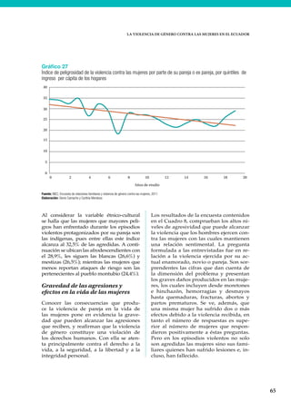 LA VIOLENCIA DE GÉNERO CONTRA LAS MUJERES EN EL ECUADOR
65
Al considerar la variable étnico-cultural
se halla que las mujeres que mayores peli-
gros han enfrentado durante los episodios
violentos protagonizados por su pareja son
las indígenas, pues entre ellas este índice
alcanza al 32,5% de las agredidas. A conti-
nuación se ubican las afrodescendientes con
el 28,9%, les siguen las blancas (26,6%) y
mestizas (26,5%); mientras las mujeres que
menos reportan ataques de riesgo son las
pertenecientes al pueblo montubio (24,4%).
Gravedad de las agresiones y
efectos en la vida de las mujeres
Conocer las consecuencias que produ-
ce la violencia de pareja en la vida de
las mujeres pone en evidencia la grave-
dad que pueden alcanzar las agresiones
que reciben, y reafirman que la violencia
de género constituye una violación de
los derechos humanos. Con ella se aten-
ta principalmente contra el derecho a la
vida, a la seguridad, a la libertad y a la
integridad personal.
Los resultados de la encuesta contenidos
en el Cuadro 8, comprueban los altos ni-
veles de agresividad que puede alcanzar
la violencia que los hombres ejercen con-
tra las mujeres con las cuales mantienen
una relación sentimental. La pregunta
formulada a las entrevistadas fue en re-
lación a la violencia ejercida por su ac-
tual enamorado, novio o pareja. Son sor-
prendentes las cifras que dan cuenta de
la dimensión del problema y presentan
los graves daños producidos en las muje-
res, los cuales incluyen desde moretones
e hinchazón, hemorragias y desmayos
hasta quemaduras, fracturas, abortos y
partos prematuros. Se ve, además, que
una misma mujer ha sufrido dos o más
efectos debido a la violencia recibida, en
tanto el número de respuestas es supe-
rior al número de mujeres que respon-
dieron positivamente a éstas preguntas.
Pero en los episodios violentos no solo
son agredidas las mujeres sino sus fami-
liares quienes han sufrido lesiones e, in-
cluso, han fallecido.
Gráfico 27
Índice de peligrosidad de la violencia contra las mujeres por parte de su pareja o ex pareja, por quintiles de
ingreso per cápita de los hogares
Fuente: INEC, Encuesta de relaciones familiares y violencia de género contra las mujeres, 2011
Elaboración: Gloria Camacho y Cynthia Mendoza
0
5
10
15
20
25
30
35
40
0 2 4 6 8 10 12 14 16 18 20
Años de etudio
 