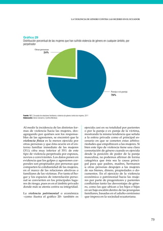 LA VIOLENCIA DE GÉNERO CONTRA LAS MUJERES EN EL ECUADOR
73
Gráfico 29
Distribución porcentual de las mujeres que han sufrido violencia de género en cualquier ámbito, por
perpetrador
Fuente: INEC, Encuesta de relaciones familiares y violencia de género contra las mujeres, 2011
Elaboración: Gloria Camacho y Cynthia Mendoza
Pareja o ex pareja
76%
Otras personas
24%
Al medir la incidencia de las distintas for-
mas de violencia hacia las mujeres, des-
agregando por quiénes son los responsa-
bles de las agresiones, se encontró que la
violencia física es la menos ejercida por
otras personas y que ésta ocurre en el en-
torno familiar inmediato de las mujeres
(3%); cifra muy inferior al 35% de este
tipo de violencia perpetrada por esposos,
novios o convivientes. Los datos ponen en
evidencia que los golpes y agresiones cor-
porales son propinados por personas que
comparten la cotidianidad de las mujeres,
en el marco de las relaciones afectivas o
familiares de las víctimas. Por tanto el ho-
gar y los espacios de interrelación perso-
nal se convierten en los principales luga-
res de riesgo, pues es en el ámbito privado
donde más se atenta contra su integridad.
La violencia patrimonial o económica
–como ilustra el gráfico 20– también es
ejercida casi en su totalidad por parientes
o por la pareja o ex pareja de la víctima,
mostrando la misma tendencia que señala
a la esfera privada como el principal es-
cenario en que se cometen estas arbitra-
riedades que empobrecen a las mujeres. Si
bien este tipo de violencia tiene una clara
connotación de género cuando es ejercida
desde la posición de poder de la pareja
masculina, no podemos afirmar de forma
categórica que ésta sea la causa princi-
pal para que padres, madres, hermanos
u otras personas despojen a las mujeres
de sus bienes, dinero, propiedades o do-
cumentos. En el ejercicio de la violencia
económica o patrimonial hacia las muje-
res por parte de progenitores y parientes
confluirían tanto las desventajas de géne-
ro, como las que ubican a los hijos e hijas
en un bajo escalón dentro de las jerarquías
familiares, basadas en el adulto-centrismo
que impera en la sociedad ecuatoriana.
 