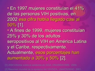 • En 1997 mujeres constituían el 41%
  de las personas VIH positivas, en
  2002 esa cifra había llegado casi al
  50% [1].
  • A fines de 1999, mujeres constituían
  25% y 30% de los adultos
  seropositivos al VIH en América Latina
  y el Caribe, respectivamente.
  Actualmente, esos porcentajes han
  aumentado a 30% y 50% [2].
[1] 2004 Informe sobre la epidemia de SIDA. ONUSIDA/OMS. 2004.
[2] Resumen mundial de la epidema del VIH/SIDA. UNAIDS/WHO. 2001.
 