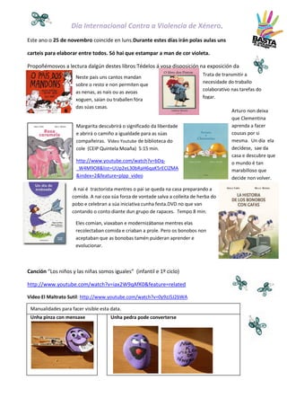 Día Internacional Contra a Violencia de Xénero.
Este ano o 25 de novembro coincide en luns.Durante estes días irán polas aulas uns
carteis para elaborar entre todos. Só hai que estampar a man de cor violeta.
Propoñémosvos a lectura dalgún destes libros:Tédelos á vosa disposición na exposición da
biblioteca.
Trata de transmitir a
Neste país uns cantos mandan
sobre o resto e non permiten que
as nenas, as nais ou as avoas
xoguen, saian ou traballen fóra
das súas casas.

necesidade do traballo
colaborativo nas tarefas do
fogar.

Margarita descubrirá o significado da liberdade
e abrirá o camiño a igualdade para as súas
compañeiras. Vídeo Youtube de biblioteca do
cole (CEIP Quintela Moaña) 5:15 min.
http://www.youtube.com/watch?v=bDq_W4M9O8&list=UUp2eL30bRaH6qaK5rECIZMA
&index=2&feature=plpp_video
A nai é tractorista mentres o pai se queda na casa preparando a
comida. A nai coa súa forza de vontade salva a colleita de herba do
pobo e celebran a súa iniciativa cunha festa.DVD no que van
contando o conto diante dun grupo de rapaces. Tempo 8 min.
Eles comían, viaxaban e modernizábanse mentres elas
recolectaban comida e criaban a prole. Pero os bonobos non
aceptaban que as bonobas tamén puideran aprender e
evolucionar.

Canción “Los niños y las niñas somos iguales” (infantil e 1º ciclo)
http://www.youtube.com/watch?v=iax2W9qAfK0&feature=related
Video El Maltrato Sutil: http://www.youtube.com/watch?v=0y9zJ5J2bWA
Manualidades para la Violencia http://www.youtube.com/watch?v=ziIU2V_2C2A.
Video La Escalera de facer visible:esta data.
Unha pinza con mensaxe
Unha pedra pode converterse

Arturo non deixa
que Clementina
aprenda a facer
cousas por si
mesma. Un día ela
decídese, sae da
casa e descubre que
o mundo é tan
marabilloso que
decide non volver.

 