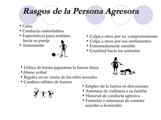 Empleo de la fuerza en discusiones Amenaza de violencia a su familia  Historial de conducta agresiva Fantasías o amenazas de cometer  suicidio u homicidio  Culpa a otros por su  comportamiento Culpa a otros por sus sentimientos Extremadamente sensible Crueldad hacia los animales Celos Conducta controladora Expectativas poco realistas  hacia su pareja Aislamiento Utiliza de forma juguetona la fuerza física Abuso verbal Rigidez en su visión de los roles sexuales Cambios súbitos de humor Rasgos de la Persona Agresora 