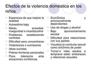 Efectos de la violencia doméstica en los niños Esperanza de que mejore la realidad Autoestima baja Miedo, ansiedad, inseguridad e incertidumbre Problemas estableciendo controles  Dificultad para concentrarse  Violentos/as o sumisos/as  Ideas suicidas Pobres fronteras personales Poca tolerancia ante situaciones conflictivas Económica y emocionalmente dependientes Uso de drogas y alcohol Bajo aprovechamiento escolar Dificultad para relacionarse con sus padres Visualiza la conducta sexual como sinónimo de poder Tomarán roles adultos a temprana edad: embarazos y relaciones sexuales 