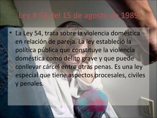 Ley # 54 del 15 de agosto de 1989 La Ley 54, trata sobre la violencia doméstica en relación de pareja. La ley estableció la política pública que constituye la violencia doméstica como delito grave y que puede conllevar cárcel entre otras penas. Es una ley especial que tiene aspectos procesales, civiles y penales. 