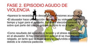 FASE 2. EPISODIO AGUDO DE
VIOLENCIA
•Aparece la necesidad de descargar las tensiones acumuladas
•El abusador hace una elección acerca de su violencia. Decide
tiempo y lugar para el episodio, hace una elección consciente
sobre qué parte del cuerpo golpear y cómo lo va a hacer
•Como resultado del episodio la tensión y el stress desaparecen
en el abusador. Si hay intervención policial él se muestra calmo y
relajado, en tanto que la mujer aparece confundida e histérica
debido a la violencia padecida
 