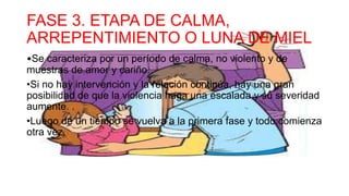 FASE 3. ETAPA DE CALMA,
ARREPENTIMIENTO O LUNA DE MIEL
•Se caracteriza por un período de calma, no violento y de
muestras de amor y cariño.
•Si no hay intervención y la relación continúa, hay una gran
posibilidad de que la violencia haga una escalada y su severidad
aumente. .
•Luego de un tiempo se vuelva a la primera fase y todo comienza
otra vez.
 