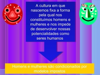 A cultura em que
         nascemos fixa a forma
              pela qual nos
         constituímos homens e
         mulheres e nos impede
         de desenvolver nossas
          potencialidades como
             seres humanos




Homens e mulheres são condicionados por
          modelos impostos
 