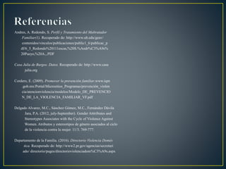 Andres, A. Redondo, S. Perfil y Tratamiento del Maltratador
Familiar(1). Recuperado de: http://www.ub.edu/geav/
contenidos/vinculos/publicaciones/public1_6/publicac_p
df/6_5_Redondo%20111escas,%20S.%Andr%C3%A9s%
20Pueyo,%20A.,.PDF
Casa Julia de Burgos. Datos. Recuperado de: http://www.casa
julia.org
Cordero, E. (2009). Promover la prevención familiar.www.iqm
.gob.mx/Portal/Micrositios_Programas/prevención_violen
cia/atencionviolencia/modelos/Modelo_DE_PREVENCIO
N_DE_LA_VIOLENCIA_FAMILIAR_VF.pdf
Delgado Alvarez, M.C., Sánchez Gómez, M.C., Fernández Dávila
Jara, P.A. (2012, july-September). Gender Atttributes and
Stereotypes Associates with the Cycle of Violence Against
Women. Atributos y estereotipos de género asociados al ciclo
de la violencia contra la mujer. 11/3. 769-777.
Departamento de la Familia. (2016). Directorio Violencia Domés
tica. Recuperado de: http://www2.pr.gov/agencias/secretari
ado/ directorio/pages/directorioviolenciadom%C3%A9s.aspx
 