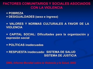 FACTORES COMUNITARIOS Y SOCIALES ASOCIADOS
            CON LA VIOLENCIA
 + POBREZA
 + DESIGUALDADES (sexo e ingreso)

 + VALORES Y NORMAS CULTURALES A FAVOR DE LA
 VIOLENCIA

 + CAPITAL SOCIAL: Dificultades para la organización y
 expresión social

 + POLÍTICAS inadecuadas

 + RESPUESTA inadecuada: SISTEMA DE SALUD
                       SISTEMA DE JUSTICIA

 OMS, Informe Mundial sobre la Violencia y la Salud, 2002
 