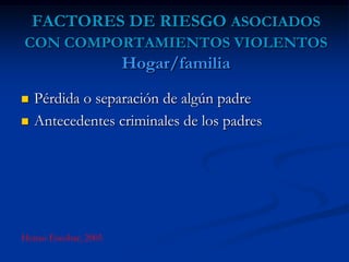 FACTORES DE RIESGO ASOCIADOS
CON COMPORTAMIENTOS VIOLENTOS
                      Hogar/familia
   Pérdida o separación de algún padre
   Antecedentes criminales de los padres




Henao Escobar, 2005
 