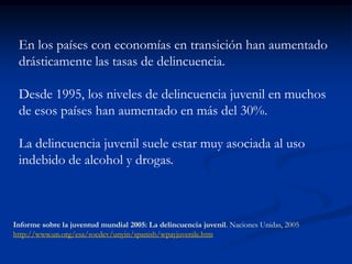 En los países con economías en transición han aumentado
 drásticamente las tasas de delincuencia.

 Desde 1995, los niveles de delincuencia juvenil en muchos
 de esos países han aumentado en más del 30%.

 La delincuencia juvenil suele estar muy asociada al uso
 indebido de alcohol y drogas.



Informe sobre la juventud mundial 2005: La delincuencia juvenil. Naciones Unidas, 2005
http://www.un.org/esa/socdev/unyin/spanish/wpayjuvenile.htm
 