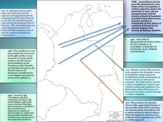 1998 :  paramilitary and the guerrilla detachments, have made of the civil populace a military objective; before the homicides in mass, forced disappearances and the threats of death of hundreds of settlers have had to leave, massive, familiar or individually of their places of residence and work to live abroad. Bogota, Cali, Carmen de Bolivar, Medellín.1991 : A  negotiation process takes place, that culminates with the signature in the agreements for the abandonment of the arms OF the M-19, the EPL, the movement Quintín Lame and the Revolutionary Party of Workers - PRT-. Nevertheless the rest of the insurgent movement: The CRAF, ELN and a minority sector of the EPL continue developing the armed warfare.1998 :  THE FORCED MIGRATIONS OF POPULATION, BY THE VIOLENCE, IN COLOMBIA: A HISTORY OF EXODUSES, FEAR, TERROR, AND POVERTY.1998 : This classification was processed by the work party of the office of the area of attention to victims of the violence, the Network of Social Solidarity of the Presidency of the Republic of Colombia and appears for the first time in the document: Considerations on the displacement forced processed in 1998 July 13.2010 : Members of the CRAF attacked   with explosives the Alexander school de Humboldt, unique educative establishment of the municipality of Fortul, Araucan, to the east of Colombia. The CRAF used to a junior so that it installed in a culvert a gas cylinder loaded with explosives, to a flank of the school. The device was detonated to remote control through a cellular telephone.1998 :  Around 71,960 Colombians who fled massively, leaving to left small villages, paths and towns, because therefore the armed actors decided it that territories are disputed; in a policy of blood and fire in which also the guerrilla detachments and the forces of security of the State have incidence.2010 : The president of Colombia, Alvaro Uribe, again lashed Sunday to the guerrilla of the CRAF to prolong the captivity of the two military and to mount attacks in several regions, while the legislative selections of 14 of March and presidential ones of the 30 of May approach.