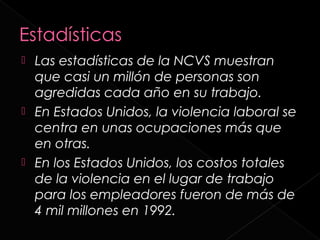  Las estadísticas de la NCVS muestran
  que casi un millón de personas son
  agredidas cada año en su trabajo.
 En Estados Unidos, la violencia laboral se
  centra en unas ocupaciones más que
  en otras.
 En los Estados Unidos, los costos totales
  de la violencia en el lugar de trabajo
  para los empleadores fueron de más de
  4 mil millones en 1992.
 