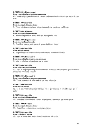 DIMENSIÓN: Hipercontrol
Item: control de las relaciones personales
4.- Cuando mi pareja quiere quedar con sus mejores amistades intento que no quede con
ellas

DIMENSIÓN: coerción
Item: manipulación emocional
5.- Tengo interés en escuchar a mi pareja cuando me cuenta sus problemas

DIMENSIÓN: Coerción
Item: manipulación emocional
6.- Intento dar pena a mi pareja para que me haga más caso

DIMENSIÓN: Hipercontrol
Item: coartar la autonomía
7.- Considero incapaz a mi pareja de tomar decisiones sin mi

DIMENSIÓN: coerción
Item: autoritarismo
8.- Yo propongo las actividades que normalmente acabamos haciendo

DIMENSIÓN: hipercontrol
Item: control de las relaciones personales
9.- Miro el móvil de mi pareja sin que se entere

DIMENSIÓN: coerción
Item: eludir responsabilidad
10.- Dejo en mi pareja la responsabilidad sobre el método anticonceptivo que utilizamos
en nuestras relaciones sexuales

DIMENSIÓN: hipercontrol
Item: control de las relaciones personales
11.- Tengo necesidad de saber todo lo que hace mi pareja

DIMENSIÓN: coerción
Item: autoritarismo
12.- Si en una reunión mi pareja dice algo con lo que no estoy de acuerdo, hago que se
calle

DIMENSIÓN: coerción
Item: manipulación emocional
13.- Reacciono violentamente cuando mi pareja me cuenta algo que no me gusta

DIMENSIÓN: Coerción
Item: manipulación emocional
14.- Culpabilizo a mi pareja de nuestros problemas

DIMENSIÓN: coerción
Item: resistencia pasiva
15.- Dejo de hablar a mi pareja cuando me enfado con él/ella


                                                                                     81
 
