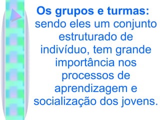 Os grupos e turmas:  sendo eles um conjunto estruturado de indivíduo, tem grande importância nos processos de aprendizagem e socialização dos jovens.  