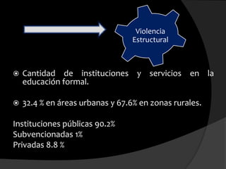 Educación y ViolenciaLa relación entre educación formal y la violencia social es compleja y multidimensional.Derecho a la educación.Sectores vulnerables y minorías sociales.
