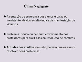 Clima Negligente
►A sensação de segurança dos alunos é baixa ou
inexistente, devido ao alto índice de manifestação de
violência.
►Problema: pouco ou nenhum envolvimento dos
professores para auxiliá-los na resolução de conflitos.
►Atitudes dos adultos: omissão, deixam que os alunos
resolvam seus problemas.
 