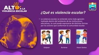 ¿Qué es violencia escolar?
• La violencia escolar se entiende como toda agresión
realizada dentro del ambiente de las instituciones
educativas, la cual puede expresarse de distintas formas
por los actores que conforman la comunidad escolar.
Golpear Burlarse Hacer Gestos
 