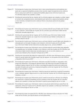 xxviii violencia contra las mujeres en américa latina y el caribe
LISTA DE CUADROS Y FIGURAS
Figura 7.7	 Porcentaje de mujeres que informaron tres o más comportamientos controladores por
parte de su esposo/compañero actual o más reciente, según la experiencia de violencia
física o sexual por parte de un esposo/compañero alguna vez, entre las mujeres de
15 a 49 años alguna vez casadas o unidas. . . . . . . . . . . . . . . . . . . . . . . . . . . . . . . . . . . . . . . . . . . . . . . 73
Cuadro 7.2	Distribución porcentual de las mujeres de 15 a 49 años alguna vez casadas o unidas, según
el número de comportamientos controladores por parte de su esposo/compañero actual
o más reciente y la experiencia de violencia física o sexual por parte de una pareja
alguna vez . . . . . . . . . . . . . . . . . . . . . . . . . . . . . . . . . . . . . . . . . . . . . . . . . . . . . . . . . . . . . . . . . . . . . . . . . . 73
Capítulo 8
Figura 8.1	 Porcentaje de mujeres que informaron que su primera relación sexual había sido ‘forzada’
o una ‘violación’, entre todas las mujeres de 15 a 24 años que informaron haber tenido
relaciones sexuales alguna vez. . . . . . . . . . . . . . . . . . . . . . . . . . . . . . . . . . . . . . . . . . . . . . . . . . . . . . . . . 76
Cuadro 8.1	Distribución porcentual de las mujeres de 15 a 24 años que informaron haber tenido
relaciones sexuales alguna vez, según las circunstancias que habían conducido a su
primera relación sexual . . . . . . . . . . . . . . . . . . . . . . . . . . . . . . . . . . . . . . . . . . . . . . . . . . . . . . . . . . . . . . . 76
Figura 8.2	 Porcentaje de mujeres que informaron que su primera relación sexual había sido deseada, no
deseada pero no forzada, forzada o una violación, entre las mujeres de 15 a 24 años
que informaron haber tenido relaciones sexuales alguna vez, Jamaica 2008/9 . . . . . . . . . . . . . . 77
Figura 8.3	 Porcentaje de mujeres que informaron que su primera relación sexual había sido deseada,
no deseada pero no forzada, forzada o una violación, entre las mujeres de 15 a 49 años que
informaron haber tenido relaciones sexuales alguna vez, en un sitio urbano y uno
provincial en Brasil y Perú, Estudio multipaís de la OMS . . . . . . . . . . . . . . . . . . . . . . . . . . . . . . . . . . 77
Figura 8.4	Distribución porcentual de todas las mujeres de 15 a 49 años que informaron que su primera
relación sexual había sido forzada, según tipo de agresor, en encuestas DHS Haití 2005/6
y República Dominicana 2007 . . . . . . . . . . . . . . . . . . . . . . . . . . . . . . . . . . . . . . . . . . . . . . . . . . . . . . . . . 78
Figura 8.5	 Porcentaje de mujeres que informaron relaciones sexuales forzadas en respuesta a dos
preguntas diferentes: una pregunta general acerca de relaciones sexuales forzadas por
cualquier agresor alguna vez en la vida y una pregunta específica acerca de relaciones
sexuales forzadas por parte de un esposo/compañero, entre las mujeres de 15 a 49 años
alguna vez casadas o unidas. . . . . . . . . . . . . . . . . . . . . . . . . . . . . . . . . . . . . . . . . . . . . . . . . . . . . . . . . . . 79
Figura 8.6	 Porcentaje de mujeres que informaron violencia sexual por parte de un esposo/compañero
o por cualquier agresor alguna vez en su vida, entre las mujeres de 15 a 49 años alguna vez
casadas o unidas. . . . . . . . . . . . . . . . . . . . . . . . . . . . . . . . . . . . . . . . . . . . . . . . . . . . . . . . . . . . . . . . . . . . . 81
Figura 8.7	 Porcentaje de mujeres que informaron que la violencia sexual que sufrieron fue infligida
por parte de un esposo/compañero actual o anterior, entre las mujeres de 15 a 49 años
alguna vez casadas o unidas que informaron violencia sexual alguna vez en su vida . . . . . . . . . 83
Cuadro 8.2	 Porcentaje de mujeres que informaron violencia sexual por parte de tipos específicos de
agresores, entre las mujeres de 15 a 49 años alguna vez casadas o unidas que informaron
violencia sexual alguna vez en su vida . . . . . . . . . . . . . . . . . . . . . . . . . . . . . . . . . . . . . . . . . . . . . . . . . . 83
Capítulo 9
Figura 9.1	 Porcentaje de todas la mujeres de 15 a 49 años que informaron abuso sexual en la niñez
antes de los 15 años, por tipo de abuso, en encuestas RHS. . . . . . . . . . . . . . . . . . . . . . . . . . . . . . . . 87
 
