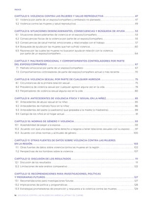 iv violencia contra las mujeres en américa latina y el caribe
ÍNDICE
CAPÍTULO 5: VIOLENCIA CONTRA LAS MUJERES Y SALUD REPRODUCTIVA .  .  .  .  .  .  .  .  .  .  .  .  .  .  .  .  .  .  .  .  .  .  .  . 47
	 5.1	 Violencia por parte de un esposo/compañero y embarazo no planeado  . . . . . . . . . . . . . . . . . . . . . . . . . . . . 47
	 5.2	 Violencia contra las mujeres y salud reproductiva . . . . . . . . . . . . . . . . . . . . . . . . . . . . . . . . . . . . . . . . . . . . . . . .  49
CAPÍTULO 6: SITUACIONES DESENCADENANTES, CONSECUENCIAS Y BÚSQUEDA DE AYUDA . .  .  .  .  .  .  . 53
	 6.1	 Situaciones desencadenantes de violencia en el esposo/compañero  . . . . . . . . . . . . . . . . . . . . . . . . . . . . . . . 53
	 6.2	 Consecuencias físicas de la violencia por parte de un esposo/compañero . . . . . . . . . . . . . . . . . . . . . . . . . . 55
	 6.3	 Consecuencias de salud mental, emocionales y relacionadas con el trabajo . . . . . . . . . . . . . . . . . . . . . . . . . 57
	 6.4	Búsqueda de ayuda por las mujeres que han sufrido violencia . . . . . . . . . . . . . . . . . . . . . . . . . . . . . . . . . . . .  60
	 6.5	 Razones por las cuales las mujeres no buscaron ayuda en relación con la violencia
por parte de un esposo/compañero . . . . . . . . . . . . . . . . . . . . . . . . . . . . . . . . . . . . . . . . . . . . . . . . . . . . . . . . . . . .  64
CAPÍTULO 7: MALTRATO EMOCIONAL Y COMPORTAMIENTOS CONTROLADORES POR PARTE
DEL ESPOSO/COMPAÑERO .  .  .  .  .  .  .  .  .  .  .  .  .  .  .  .  .  .  .  .  .  .  .  .  .  .  .  .  .  .  .  .  .  .  .  .  .  .  .  .  .  .  .  .  .  .  .  .  .  .  .  .  .  .  .  .  .  .  .  .  .  .  .  .  .  .  . 67
	 7.1	 Maltrato emocional por parte de un esposo/compañero . . . . . . . . . . . . . . . . . . . . . . . . . . . . . . . . . . . . . . . . . . 67
	 7.2	 Comportamientos controladores de parte del esposo/compañero actual o más reciente . . . . . . . . . . . .  70
CAPÍTULO 8: VIOLENCIA SEXUAL POR PARTE DE CUALQUIER AGRESOR  .  .  .  .  .  .  .  .  .  .  .  .  .  .  .  .  .  .  .  .  .  .  .  .  .  . 75
	 8.1	 Circunstancias de la primera relación sexual . . . . . . . . . . . . . . . . . . . . . . . . . . . . . . . . . . . . . . . . . . . . . . . . . . . . .  75
	 8.2	 Prevalencia de violencia sexual por cualquier agresor alguna vez en la vida . . . . . . . . . . . . . . . . . . . . . . . . . 78
	 8.3	 Perpetradores de violencia sexual alguna vez en la vida . . . . . . . . . . . . . . . . . . . . . . . . . . . . . . . . . . . . . . . . . .  80
CAPÍTULO 9: ANTECEDENTES DE VIOLENCIA FÍSICA Y SEXUAL EN LA NIÑEZ .  .  .  .  .  .  .  .  .  .  .  .  .  .  .  .  .  .  .  .  .  . 85
	 9.1	 Antecedentes de abuso sexual en la niñez . . . . . . . . . . . . . . . . . . . . . . . . . . . . . . . . . . . . . . . . . . . . . . . . . . . . . .  85
	 9.2	 Antecedentes de maltrato físico en la niñez . . . . . . . . . . . . . . . . . . . . . . . . . . . . . . . . . . . . . . . . . . . . . . . . . . . . .  86
	 9.3	 Antecedentes del padre (o padrastro) que golpeaba a la madre (o madrastra) . . . . . . . . . . . . . . . . . . . . .  89
	 9.4	Castigo de los niños en el hogar actual . . . . . . . . . . . . . . . . . . . . . . . . . . . . . . . . . . . . . . . . . . . . . . . . . . . . . . . . . . 91
CAPÍTULO 10: NORMAS DE GÉNERO Y VIOLENCIA  .  .  .  .  .  .  .  .  .  .  .  .  .  .  .  .  .  .  .  .  .  .  .  .  .  .  .  .  .  .  .  .  .  .  .  .  .  .  .  .  .  .  .  .  .  . 93
	10.1	 Aceptabilidad de pegar a la esposa  . . . . . . . . . . . . . . . . . . . . . . . . . . . . . . . . . . . . . . . . . . . . . . . . . . . . . . . . . . . .  93
	10.2		Acuerdo con que una esposa tiene derecho a negarse a tener relaciones sexuales con su esposo . . . . . 97
	10.3		Acuerdo con otras normas y actitudes de género . . . . . . . . . . . . . . . . . . . . . . . . . . . . . . . . . . . . . . . . . . . . . .  100
CAPÍTULO 11: OTRAS FUENTES DE DATOS SOBRE VIOLENCIA CONTRA LAS MUJERES
EN LA REGIÓN .  .  .  .  .  .  .  .  .  .  .  .  .  .  .  .  .  .  .  .  .  .  .  .  .  .  .  .  .  .  .  .  .  .  .  .  .  .  .  .  .  .  .  .  .  .  .  .  .  .  .  .  .  .  .  .  .  .  .  .  .  .  .  .  .  .  .  .  .  .  .  .  .  .  .  .  . 103
	11.1	 Otras fuentes de datos sobre violencia contra las mujeres en la región  . . . . . . . . . . . . . . . . . . . . . . . . . . . . 103
	11.2	 Perspectivas de los hombres sobre la violencia . . . . . . . . . . . . . . . . . . . . . . . . . . . . . . . . . . . . . . . . . . . . . . . . . . 107
CAPÍTULO 12: DISCUSIÓN DE LOS RESULTADOS . .  .  .  .  .  .  .  .  .  .  .  .  .  .  .  .  .  .  .  .  .  .  .  .  .  .  .  .  .  .  .  .  .  .  .  .  .  .  .  .  .  .  .  .  .  .  .  . 111
	12.1	 Discusión de los resultados . . . . . . . . . . . . . . . . . . . . . . . . . . . . . . . . . . . . . . . . . . . . . . . . . . . . . . . . . . . . . . . . . . . . . 111
	12.2	 Limitaciones de este análisis comparativo . . . . . . . . . . . . . . . . . . . . . . . . . . . . . . . . . . . . . . . . . . . . . . . . . . . . . . .122
CAPÍTULO 13: RECOMENDACIONES PARA INVESTIGACIONES, POLÍTICAS
Y PROGRAMAS FUTUROS  .  .  .  .  .  .  .  .  .  .  .  .  .  .  .  .  .  .  .  .  .  .  .  .  .  .  .  .  .  .  .  .  .  .  .  .  .  .  .  .  .  .  .  .  .  .  .  .  .  .  .  .  .  .  .  .  .  .  .  .  .  .  .  .  .  .  . 127
	13.1	 Recomendaciones para investigaciones futuras  . . . . . . . . . . . . . . . . . . . . . . . . . . . . . . . . . . . . . . . . . . . . . . . . . 127
	13.2	 Implicaciones de política y programáticas  . . . . . . . . . . . . . . . . . . . . . . . . . . . . . . . . . . . . . . . . . . . . . . . . . . . . . . 128
	13.3	 Estrategias prometedoras de prevención y respuesta a la violencia contra las mujeres . . . . . . . . . . . . . . 129
 