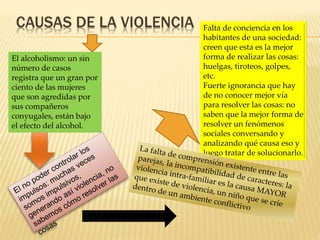 CAUSAS DE LA VIOLENCIA 
El alcoholismo: un sin 
número de casos 
registra que un gran por 
ciento de las mujeres 
que son agredidas por 
sus compañeros 
conyugales, están bajo 
el efecto del alcohol. 
Falta de conciencia en los 
habitantes de una sociedad: 
creen que esta es la mejor 
forma de realizar las cosas: 
huelgas, tiroteos, golpes, 
etc. 
Fuerte ignorancia que hay 
de no conocer mejor vía 
para resolver las cosas: no 
saben que la mejor forma de 
resolver un fenómenos 
sociales conversando y 
analizando qué causa eso y 
luego tratar de solucionarlo. 
 