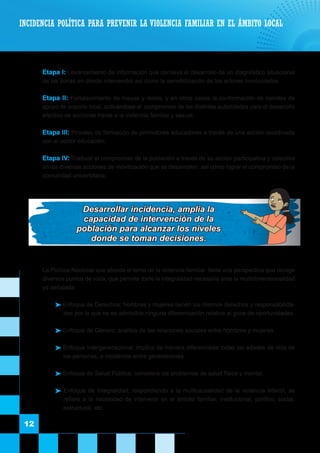 12
	 Etapa I: Levantamiento de información que conlleva el desarrollo de un diagnóstico situacional
de las zonas en donde intervendrá así como la sensibilización de los actores involucrados.
	 Etapa II: Fortalecimiento de mesas y redes, y en otros casos la conformación de comités de
apoyo de soporte local, activándose el compromiso de las distintas autoridades para el desarrollo
efectivo de acciones frente a la violencia familiar y sexual.
	 Etapa III: Proceso de formación de promotores educadores a través de una acción coordinada
con el sector educación.
	 Etapa IV: Traducir el compromiso de la población a través de su acción participativa y colectiva
en las diversas acciones de movilización que se desarrollen; así como lograr el compromiso de la
comunidad universitaria.
	
La Política Nacional que aborda el tema de la violencia familiar tiene una perspectiva que recoge
diversos puntos de vista, que permite darle la integralidad necesaria ante la multidimensionalidad
ya señalada:
 Enfoque de Derechos; hombres y mujeres tienen los mismos derechos y responsabilida-
des por lo que no es admisible ninguna diferenciación relativa al goce de oportunidades.
 Enfoque de Género; análisis de las relaciones sociales entre hombres y mujeres.
 Enfoque Intergeneracional; implica de manera diferenciada todas las edades de vida de
las personas; e incidencia entre generaciones.
 Enfoque de Salud Pública; considera los problemas de salud física y mental.
 Enfoque de Integralidad; respondiendo a la multicausalidad de la violencia infantil, se
refiere a la necesidad de intervenir en el ámbito familiar, institucional, político, social,
estructural, etc.
INCIDENCIA POLÍTICA PARA PREVENIR LA VIOLENCIA FAMILIAR EN EL ÁMBITO LOCAL
Desarrollar incidencia, amplia la
capacidad de intervención de la
población para alcanzar los niveles
donde se toman decisiones.
 