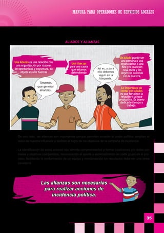 35
	 De otro lado, las alianzas son importantes porque permiten acceder al poder político, amplían el
radio de nuestra influencia y facilitan el logro de los objetivos de la campaña de incidencia.
	 La identificación de estos actores nos permite comprometerlos y formar coaliciones y/o redes con
metas y objetivos compartidos, reconociendo el aporte y especialización de cada grupo en el pro-
ceso, facilitando la conformación de un equipo y monitoreando los resultados debe ser una tarea
constante.
ALIADOS Y ALIANZAS
MANUAL PARA OPERADORES DE SERVICIOS LOCALES
Las alianzas son necesarias
para realizar acciones de
incidencia política.
Unir fuerzas
para una causa
que estamos
defendiendo
Un Aliado puede ser
una persona o una
organización o una
Red y/o coalición
cuya meta y los
objetivos coincide
con la nuestra.
Lo importante de
contar con aliados
es que fortalece la
relación y la hace
productiva. Es bueno
dedicarle tiempo y
trabajo.
Una Alianza es una relación con
una organización por razones
de oportunidad y coyuntura, su
objeto es unir fuerzas
Tenemos
que generar
alianzas.
Asi es, y para
ello debemos
seguir en la
búsqueda.
 