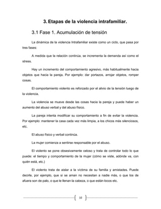 10
3. Etapas de la violencia intrafamiliar.
3.1 Fase 1. Acumulación de tensión
La dinámica de la violencia Intrafamiliar existe como un ciclo, que pasa por
tres fases:
A medida que la relación continúa, se incrementa la demanda así como el
stress.
Hay un incremento del comportamiento agresivo, más habitualmente hacia
objetos que hacia la pareja. Por ejemplo: dar portazos, arrojar objetos, romper
cosas.
El comportamiento violento es reforzado por el alivio de la tensión luego de
la violencia.
La violencia se mueve desde las cosas hacia la pareja y puede haber un
aumento del abuso verbal y del abuso físico.
La pareja intenta modificar su comportamiento a fin de evitar la violencia.
Por ejemplo: mantener la casa cada vez más limpia, a los chicos más silenciosos,
etc.
El abuso físico y verbal continúa.
La mujer comienza a sentirse responsable por el abuso.
El violento se pone obsesivamente celoso y trata de controlar todo lo que
puede: el tiempo y comportamiento de la mujer (cómo se viste, adónde va, con
quién está, etc.)
El violento trata de aislar a la víctima de su familia y amistades. Puede
decirle, por ejemplo, que si se aman no necesitan a nadie más, o que los de
afuera son de palo, o que le llenan la cabeza, o que están locos etc.
 