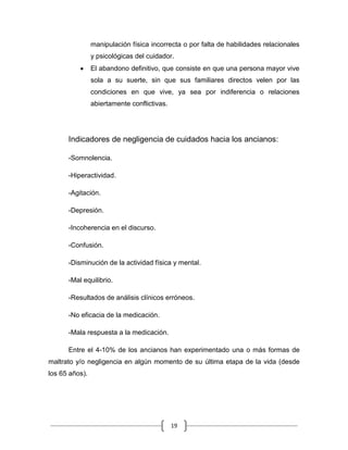 19
manipulación física incorrecta o por falta de habilidades relacionales
y psicológicas del cuidador.
El abandono definitivo, que consiste en que una persona mayor vive
sola a su suerte, sin que sus familiares directos velen por las
condiciones en que vive, ya sea por indiferencia o relaciones
abiertamente conflictivas.
Indicadores de negligencia de cuidados hacia los ancianos:
-Somnolencia.
-Hiperactividad.
-Agitación.
-Depresión.
-Incoherencia en el discurso.
-Confusión.
-Disminución de la actividad física y mental.
-Mal equilibrio.
-Resultados de análisis clínicos erróneos.
-No eficacia de la medicación.
-Mala respuesta a la medicación.
Entre el 4-10% de los ancianos han experimentado una o más formas de
maltrato y/o negligencia en algún momento de su última etapa de la vida (desde
los 65 años).
 