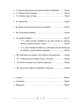 3
7.- Algunas aplicaciones de los tipos de violencia intrafamiliar……… Pág.33
7.1 Violencia hacia el hombre……………………………………..…….. Pág.33
7.2 Violencia hacia la mujer……………………………………………. Pág.33
8.- Tratamientos…………………………………………………………… Pág.34
9.- Efectos de la violencia familiar en la sociedad…………………….. Pág.35
10.- Personalidad resiliente…………………………………..………….. Pág.36
11.- Aspectos legales……………………………………………..…….... Pág.37
o 11.1. ¿Qué acciones establece la ley para atender la violencia
familiar y quiénes las llevan a cabo?........................................ Pág.38
o 11.2. ¿Qué medidas de defensa se contemplan para las víctimas de
la violencia y quiénes deberán aplicarlas?............................... Pág.39
12.- Instituciones que apoyan a las víctimas y a los agresores………Pág.40
12.1 Instituciones que protegen al niño y a la mujer………………… Pág.40
12.2 Centros de apoyo a las víctimas y agresores…………………… Pág.42
13.- Acerca de la Violencia Intrafamiliar en Rioverde………………… Pág.44
Anexos……………………………………………………………….…… Pág.49
Conclusión………………………………………..………………….…… Pág.66
Bibliografía…………………………………………………………….…... Pág.67
 