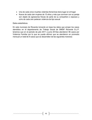 46
Una de cada cinco muertes violentas femeninas tiene lugar en el hogar
Nueve de cada cien mujeres de 15 años y más que conviven con su pareja
son objeto de agresiones físicas de parte de su compañero o esposos y
ocho de cada cien padecen violencia de tipo sexual
Datos estadísticos
En este municipio de Rioverde tomando en base los datos que arrojan los casos
atendidos en el departamento de Trabajo Social de SMDIF Rioverde S.L.P.
tenemos que en el periodo de julio 2011 a junio 2012se atendieron 96 casos por
Violencia Familiar por lo que se puede afirmar que se atendieron en promedio
mensual un total de 8 casos que se desarrollan de las siguientes maneras:
 