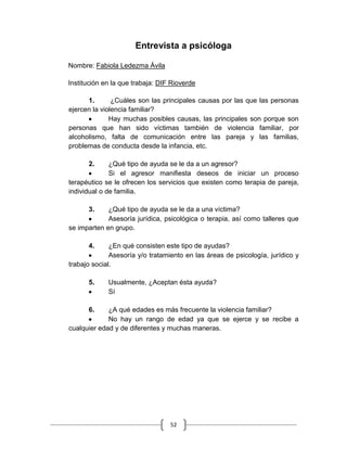52
Entrevista a psicóloga
Nombre: Fabiola Ledezma Ávila
Institución en la que trabaja: DIF Rioverde
1. ¿Cuáles son las principales causas por las que las personas
ejercen la violencia familiar?
Hay muchas posibles causas, las principales son porque son
personas que han sido víctimas también de violencia familiar, por
alcoholismo, falta de comunicación entre las pareja y las familias,
problemas de conducta desde la infancia, etc.
2. ¿Qué tipo de ayuda se le da a un agresor?
Si el agresor manifiesta deseos de iniciar un proceso
terapéutico se le ofrecen los servicios que existen como terapia de pareja,
individual o de familia.
3. ¿Qué tipo de ayuda se le da a una víctima?
Asesoría jurídica, psicológica o terapia, así como talleres que
se imparten en grupo.
4. ¿En qué consisten este tipo de ayudas?
Asesoría y/o tratamiento en las áreas de psicología, jurídico y
trabajo social.
5. Usualmente, ¿Aceptan ésta ayuda?
Sí
6. ¿A qué edades es más frecuente la violencia familiar?
No hay un rango de edad ya que se ejerce y se recibe a
cualquier edad y de diferentes y muchas maneras.
 