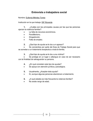 53
Entrevista a trabajadora social
Nombre: Eufemia Méndez Torres
Institución en la que trabaja: DIF Rioverde
1. ¿Cuáles son las principales causas por las que las personas
ejercen la violencia familiar?
La falta de recursos económicos.
Pandillerismo.
Drogadicción.
Falta de empleo.
2. ¿Qué tipo de ayuda se le da a un agresor?
Se concientiza por parte del Área de Trabajo Social para que
se sometan a un tratamiento terapéutico a toda la familia.
3. ¿Qué tipo de ayuda se le da a una víctima?
Se protege en un lugar o albergue en caso de ser necesario
con la finalidad de salvaguardar su persona.
4. ¿En qué consisten este tipo de ayudas?
Se apoya con atención jurídica y psicológica.
5. Usualmente, ¿Aceptan ésta ayuda?
Si, aunque algunas personas abandonan a tratamiento.
6. ¿A qué edades es más frecuente la violencia familiar?
No existe rango de edad.
 