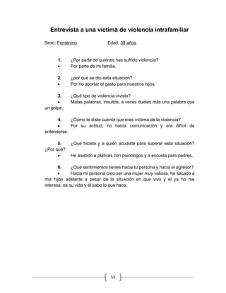 55
Entrevista a una víctima de violencia intrafamiliar
Sexo: Femenino Edad: 38 años
1. ¿Por parte de quiénes has sufrido violencia?
Por parte de mi familia.
2. ¿por qué se dio ésta situación?
Por no aportar el gasto para nuestros hijos.
3. ¿Qué tipo de violencia viviste?
Malas palabras, insultos, a veces dueles más una palabra que
un golpe.
4. ¿Cómo te diste cuenta que eras víctima de la violencia?
Por su actitud, no había comunicación y era difícil de
entenderse.
5. ¿Qué hiciste y a quién acudiste para superar esta situación?
¿Por qué?
He asistido a pláticas con psicólogos y a escuela para padres.
6. ¿Qué sentimientos tienes hacia tu persona y hacia el agresor?
Hacia mi persona creo ser una mujer muy valiosa, he sacado a
mis hijos adelante a pesar de la situación en que vivo y el ya no me
interesa, es su vida y él sabe lo que hace.
 